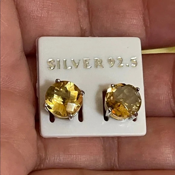 NWT Natural Citrine Gemstone 925 Silver Stud Earrings 7.7mm each stone
